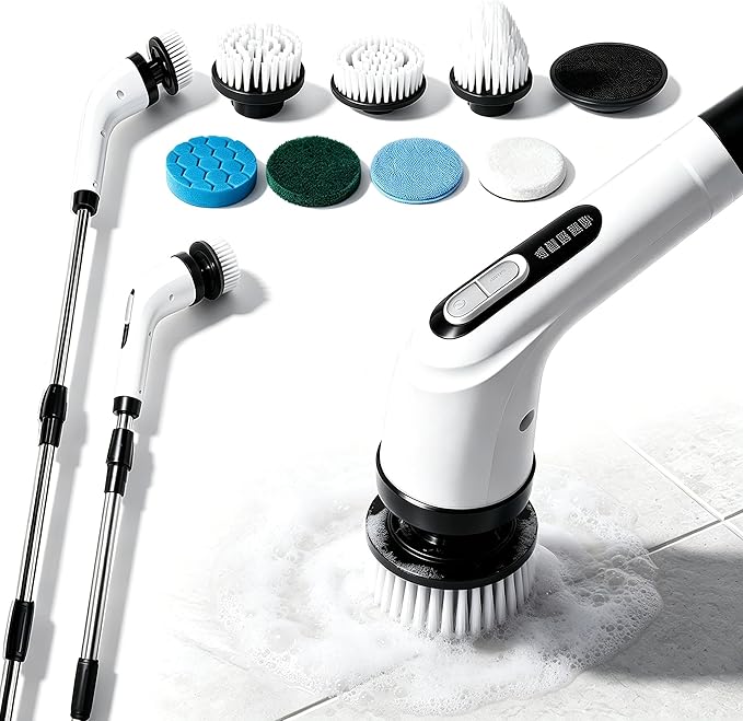 Highyes Electric Spin Scrubber for Bathroom, IPX7 Waterproof Shower Scrubber with Extendable Long Handle, Bathroom Cleaning Scrubber with 7 Reusable Brush Heads