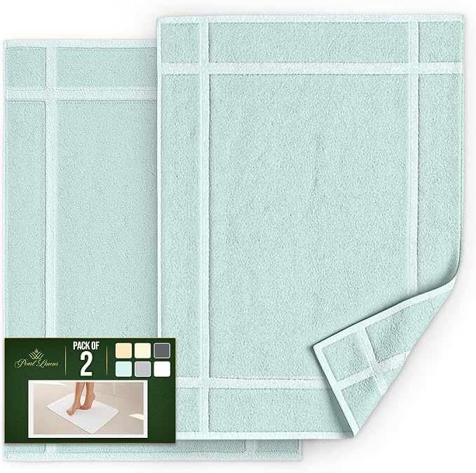 Pearl Linens Pack of 2 100% Cotton Bath Mat 18x25 inches, Soft & Absorbent Quick Dry Bathroom Mat Set, Not Bathroom Rugs, After Shower Mat, Bath Tub Mat, 781 GSM, Machine Washable, Mint Green