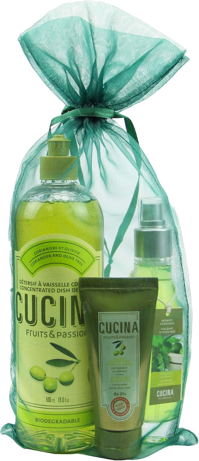 Fruits and Passion Kitchen Basics Bundle dish soap Room Spray and hand Butter Deluxe Set (Coriander and Olive Tree)