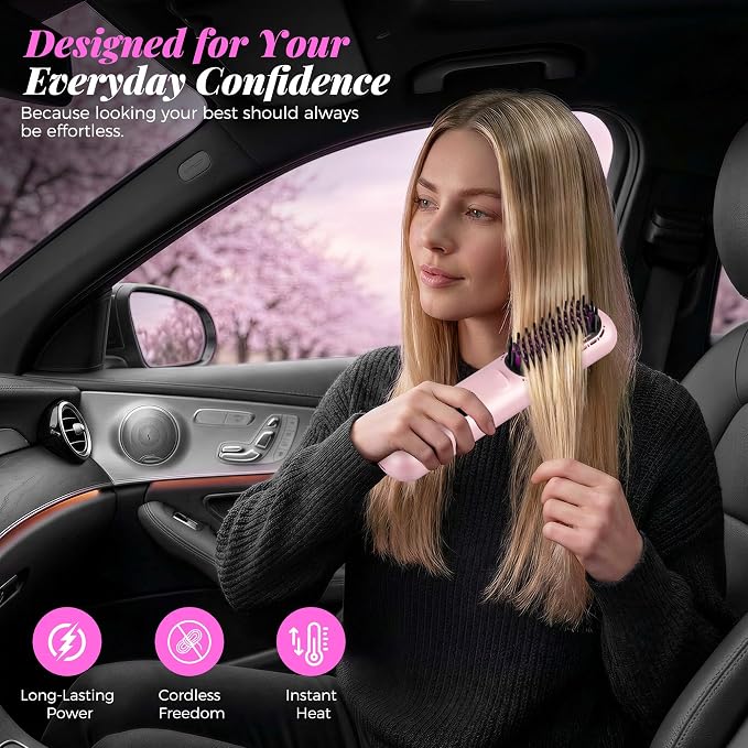 Go Brush Pro 2026, Cordless Hair Straightener Brush, Mini Hair Straightener with 3 Temperature Settings, Portable Hair Straightener Brush with MCH Heating and Ionic & Ceramic Care for Women (Pink)