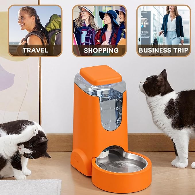 HWONMTE Portable Automatic Cat Feeder and Water Dispenser with Stainless Steel Bowl Dog Gravity Food Feeder and Waterer for Small Medium Pets Puppy Kitten 1 Gallon x 2 (Orange)