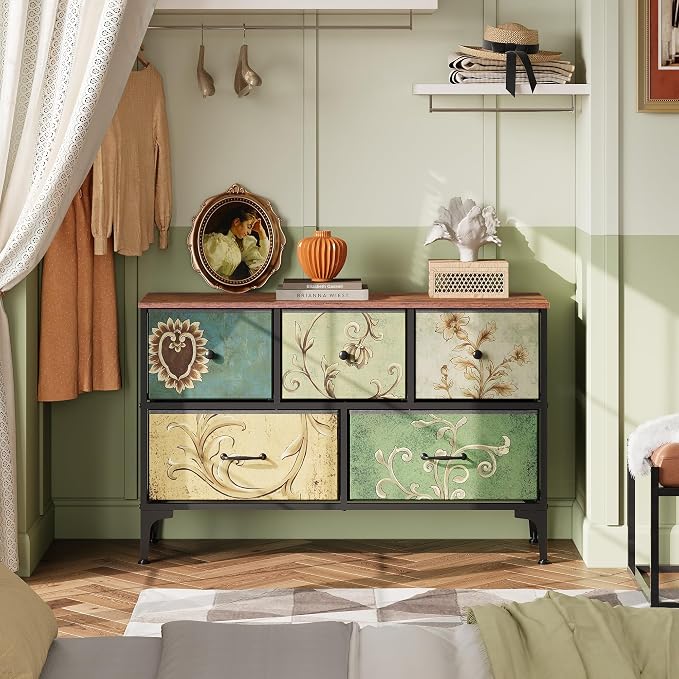 WLIVE Wide Dresser for Bedroom, 5 Drawer Chest of Drawers, Floral | 5 roomy fabric drawers, Wide storage design, Bedroom or closet use, Sturdy steel frame, Smooth wood tabletop