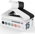 Plastic Hangers 15 Pack - Made in the USA - 6lb Capacity Standard Clothes Hangers with Strap Hooks for Dresses, Lingerie, Shirts, Pants, and Jackets - White & Black