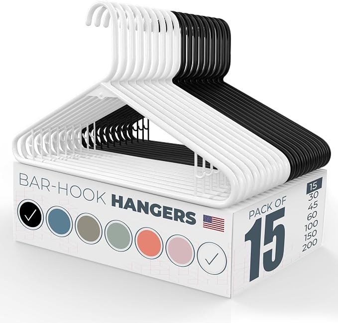 Plastic Hangers 15 Pack - Made in the USA - 6lb Capacity Standard Clothes Hangers with Strap Hooks for Dresses, Lingerie, Shirts, Pants, and Jackets - White & Black