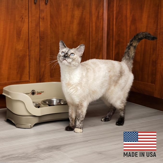 Neater Pet Brands Neater Feeder Deluxe Mess Proof Cat Bowls Elevated, Made in USA, No Spill Raised Bowls for Indoor Cats, Stainless Steel Food and Water Bowl Set, Pet Dish Feeding Station, Cappuccino