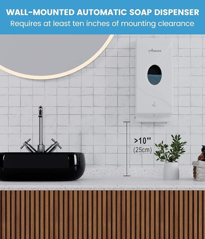 Automatic Wall Mount Soap Dispenser, 800 mL, White ABS | Touchless 800 mL white ABS dispenser with oval viewing window and keyed lock; requires 6 AA batteries, not included.