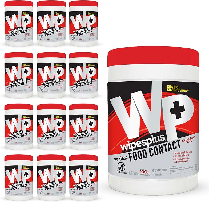 WIPESPLUS Cleaning Wipes All Purpose Food Contact - No Rinse, No Residue, Quick Dry Formula, Disinfecting Wipes For Restaurants, Foodservice, Schools - Canister, 100 Count, (Pack of 12)