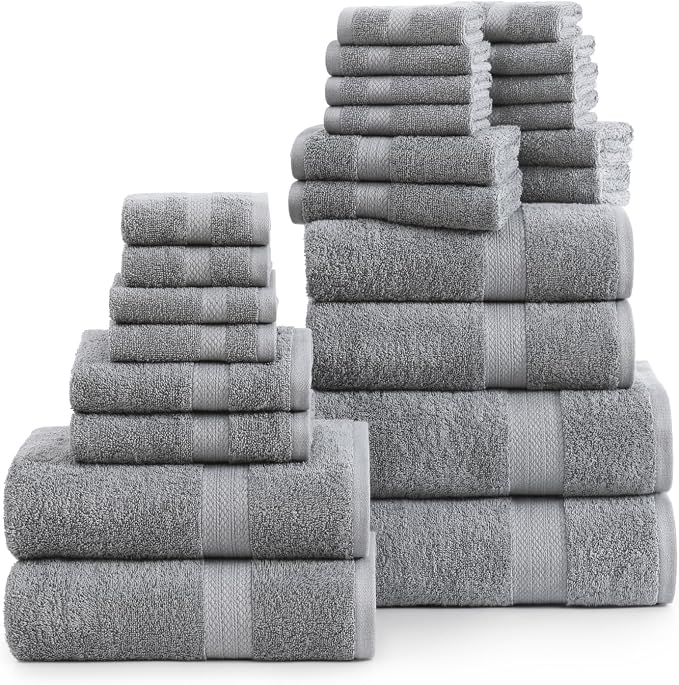 LANE LINEN Towel Set Soft Absorbent Quick Dry 100% Cotton 24 Piece - Grey | Cotton Bath Towels - Lightweight & Breathable, Fade-Resistant Color, Classic Terry Weave, Densely Woven & Durable