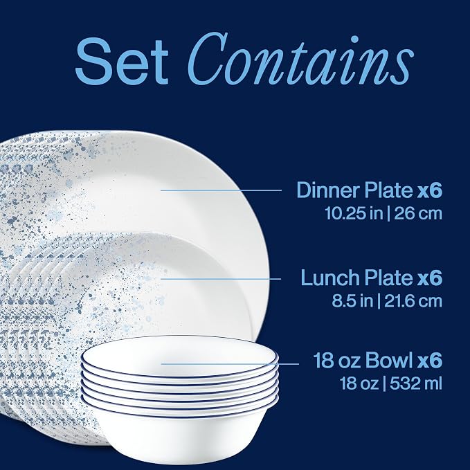 Corelle Vitrelle 18-Piece Service for 6 Dinnerware Set Triple Layer Glass and Chip Resistant, Lightweight Round Plates and Bowls Set, Indigo Speckle
