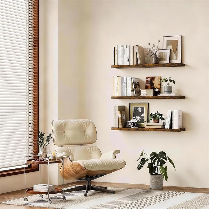 BAYKA Floating Shelves for Wall, Set of 3, 22.5 Inch Rustic Wood Wall Mounted Shelving for Bathroom, Bedroom, Living Room or Kitchen, Hanging Display Decor Book Shelf with 22 lbs, Rustic Brown