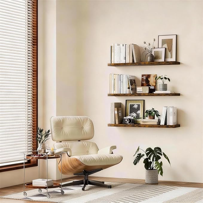 BAYKA Floating Shelves Set of 2, 22.5 inches Farmhouse Rustic Wood Wall Mounted Shelves for Bathroom, Bedroom, Living Room or Kitchen, Hanging Shelf Decor Book with 22lbs Capacity, Rustic Brown