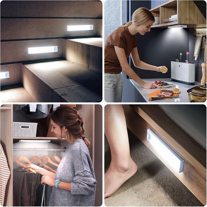 6 Pack Under Cabinet Lighting Wireless, 32 LED Rechargeable Battery Motion Sensor Light Indoor, Stick On Magnetic Closet Lights, Under Counter Lights for Kitchen, Stairs, White 8 in