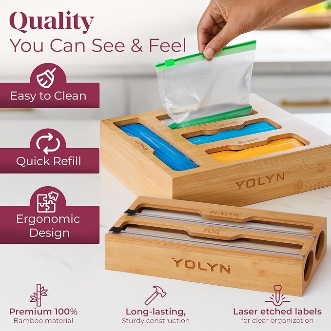 Bamboo Food Storage Bag Organizer for Drawer with Foil & Plastic Wrap Dispenser – 4 in 1 Premium Kitchen Drawer Organizer for Gallon, Quart & Sandwich Bags