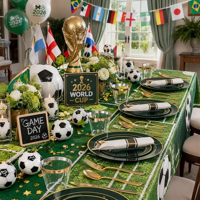 WDF Partyware 175PCS Green Plastic Plates - Green and Gold Disposable Plates 25Guests Plastic Plates with Rolled Napkins for Birthday/Party/Wedding/World Cup 2026