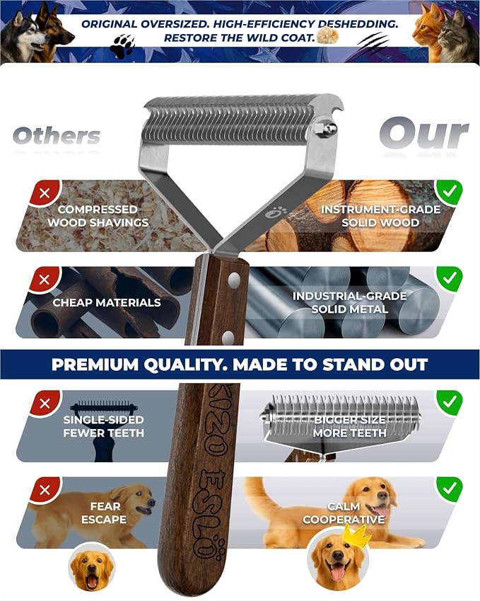 Dog Brush for Shedding 20 Blade Dematting Tool Pet Brush Dual Side, Undercoat Rake for Large Medium Small Dogs and Cats, Shedding Dog Comb for Grooming, Premium Wood Handle