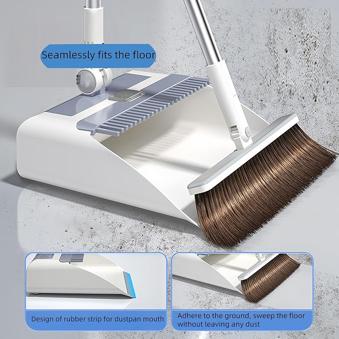 SDSM Broom with Dustpan Combo Set, 3 in 1 Multifunctional Broom and Dustpan with 43" Long Handle, Concealed Lint Roller, for Clean Home Kitchen Bathroom Office, Indoor Outdoor Floor