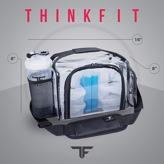 ThinkFit Clear Lunch Bag with 6 Meal Prep Containers and Ice Packs BPA-Free | Includes Shaker Cup, 2 Ice Packs and Pill Organizer; Reusable Clear Lunch Box for Work; Microwave, Freezer, Dishwasher Safe