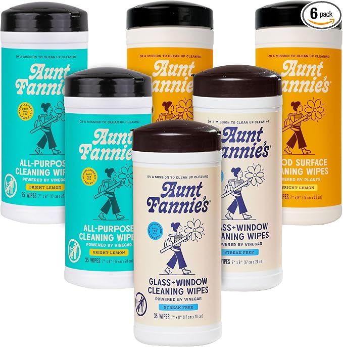 Aunt Fannie's Natural Cleaning Wipes Variety Pack, Multipurpose Surface Cleaner, 35 Count Each, Pack of 6