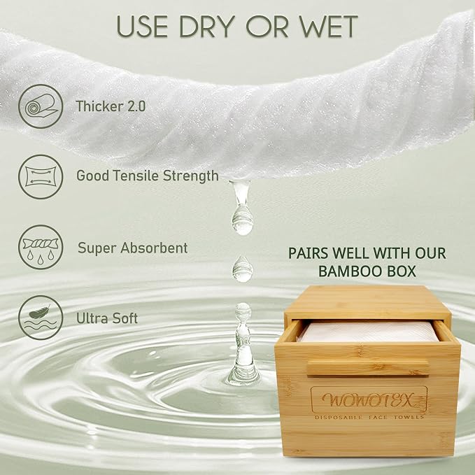 WOWOTEX THICKER Disposable Face Towels Ultra Soft Large Dry Wipes 50 Count | Gentle for All Skin Types, Thick Soft Sheets, 10"×12", Ideal for Skincare, Makeup Removal and Daily Facial Cleansing