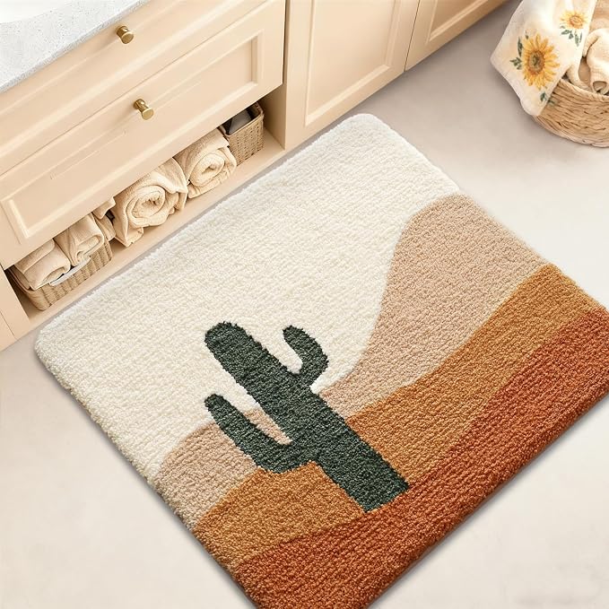 LUMI Bathroom Rugs with Cactus Plant, Square Bathroom Mat, Ultra Soft, Absorbent Quick Dry, Non-Slip Washable Shower Rugs, Luxury Carpet for Shower Floor, Bathtub, Home Decor, 32"x32"