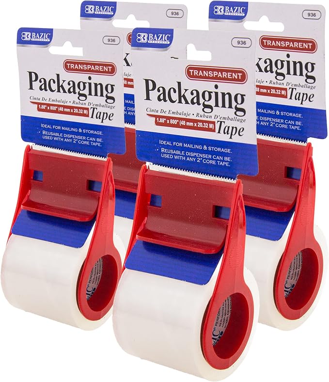 BAZIC Products Clear Packaging Tape, 1.88 in x 800 in, 4-Pack | built-in handheld dispenser for sealing boxes and cartons