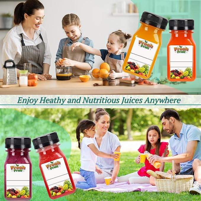 100PCS 4OZ Mini Plastic Juice Bottles with Caps, Clear Shot Bottles Reusable Containers with Labels, Funnel and Brush，Suitable for Juice Milk, Tea, Drinking, Smoothie,Other Beverages (100, 4, ounces)