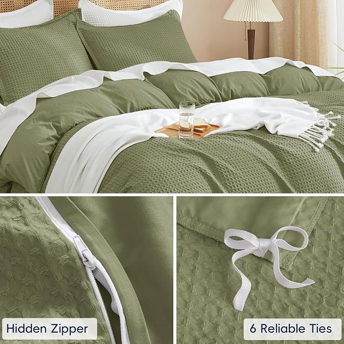 PHF Waffle Duvet Cover Set Twin XL Size, Back to School College Dorm Bedding, Ultra Soft Breathable Comforter Cover for All Season, Dorm Room Essentials Set with 1 Pillow Sham,68" x 90", Olive Green
