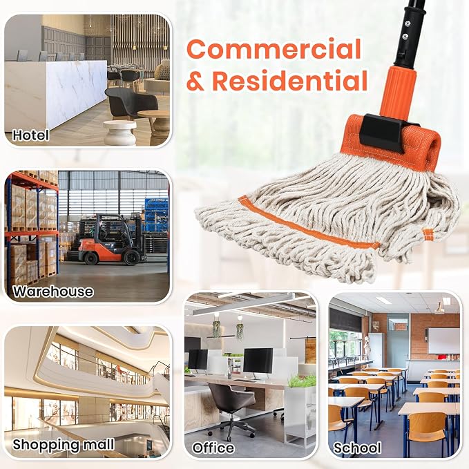 KalTell Commercial Mop, 58" Heavy Duty Industrial Mops for Floor Cleaning, String Cotton Mops Wet Mop Professional Janitor Mop for Home,Garage,Office, Workshop, Warehouse-Safety Orange