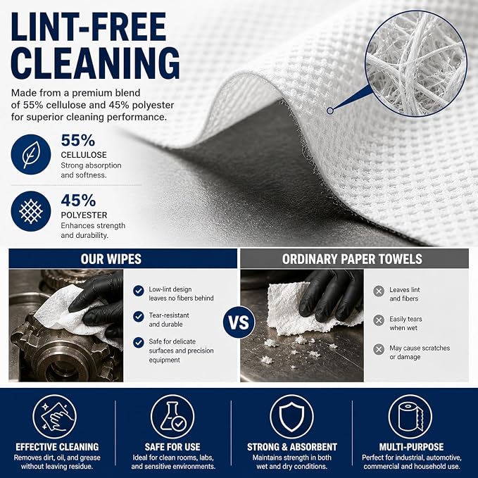 4 Rolls Industrial Cleaning Wipes Jumbo Roll, Heavy Duty Lint Free Shop Towels, Super Absorbent Reusable Cleaning Cloths for Garage Workshop Automotive, 500 Sheets 12"x 10" (White, 10"X12")