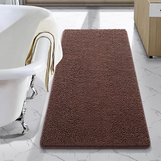 LOCHAS Luxury Bathroom Rug Shaggy Bath Mat 24 x 44 Inch, Brown | Washable Non Slip Bath Rugs for Bathroom Shower, Soft Plush Chenille Absorbent Carpets