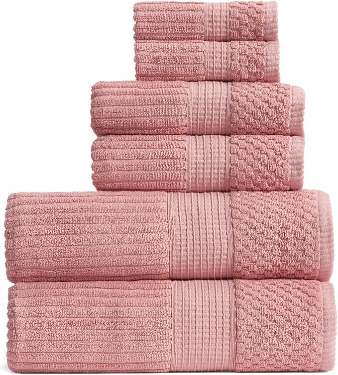 Springtree Home 100% Cotton Bath Towel Set | 6-Piece Set | Textured | Rose | Absorbent & Quick-Dry Bathroom Towels | Textured and Durable Cotton Towels for Bathroom | OEKO-TEX | Krista Collection