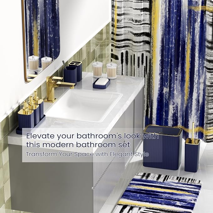 Bathroom Set - Bathroom Accessory Set, Navy Blue Bathroom Set, 26PC Bathroom Sets with Shower Curtain and Rugs, Toilet Brush, Trash Can, Qtip Holder & Bathroom Soap Dispenser Set