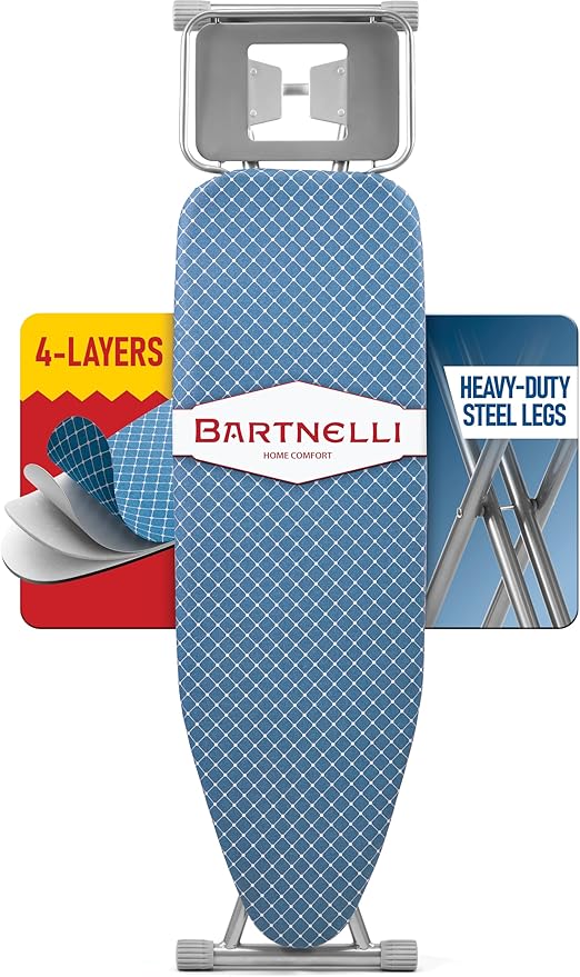 Bartnelli Premium Full-Size Ironing Board 45x15 Inch Large Surface, Integrated Upgraded Iron Rest with Hanger Rack, Height Adjustable, Heavy-Duty Metal Frame, 4 Non-Skid Feet, 4-Layer Cover & Pad