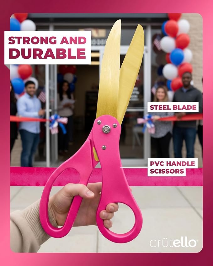 Crutello Giant Ribbon Cutting Ceremony Kit - 20"Large Gold Scissors Set with Pink Handle, Durable Big Scissor and 30 Feet of Oversized 4"Wide Pink Grand Opening Ribbon