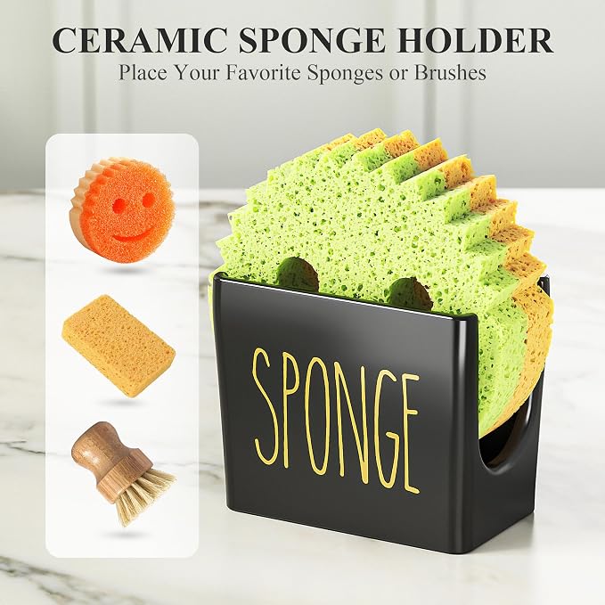 Cisily Kitchen Soap Dispenser Set Comes with Ceramics Sponge Holder, Gold Pumps, and Instant Dry Tray, Hand and Dish Soap Dispenser Set (4, Gold + Black + Sponge Holder)