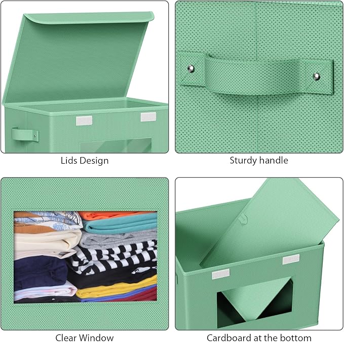 Univivi Collapsible Stackable Storage Bins with Lids [4-Pack] Foldable Fabric Closet Organizer Basket, Closet Organizers and Storage Cube Storage Bin for Home, Office, Bedroom (Green)