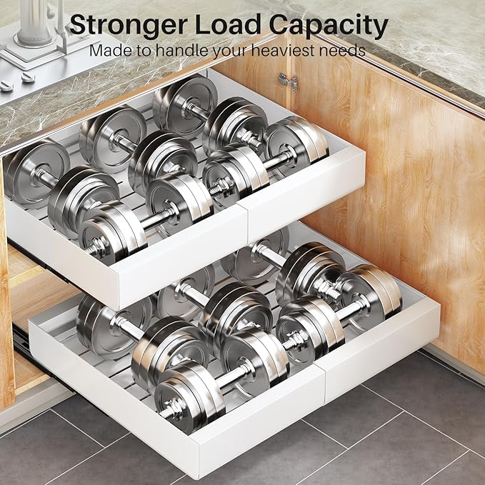 Pull out Cabinet Organizer, Expandable(12"-20") Heavy Duty Slide out Drawers Fixed with Adhesive Nano Film for Pots, Roll out Shelf Storage for Kitchen Base Cabinet, Pantry, Bathroom(2-Pack)