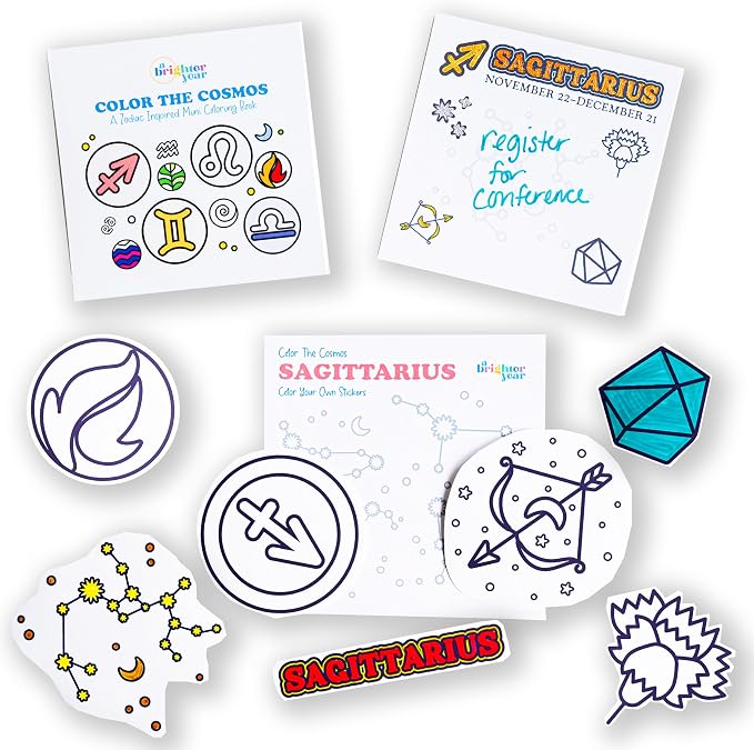 A Brighter Year Color The Cosmos Gift Sagittarius Bundle - Adult Mini Coloring Book (3" x 3" - 50 Pages), Post It Notes (50-3” x 3”), Stickers - Stress & Anxiety Relief - Mindfulness, Gift, Travel