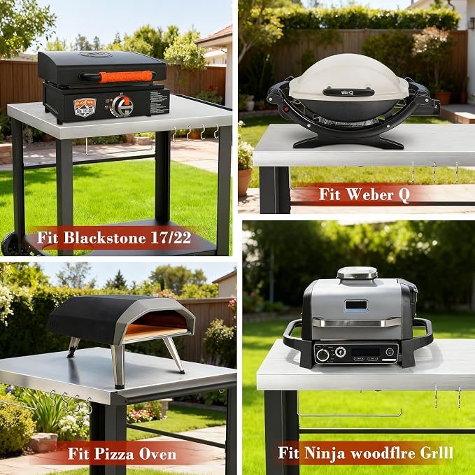 Grill Table Stand with Wheels, 24.4" x 38.3" x 30.9" | Extra-wide prep table for Ninja Woodfire, Blackstone griddles and pizza ovens, movable outdoor workspace
