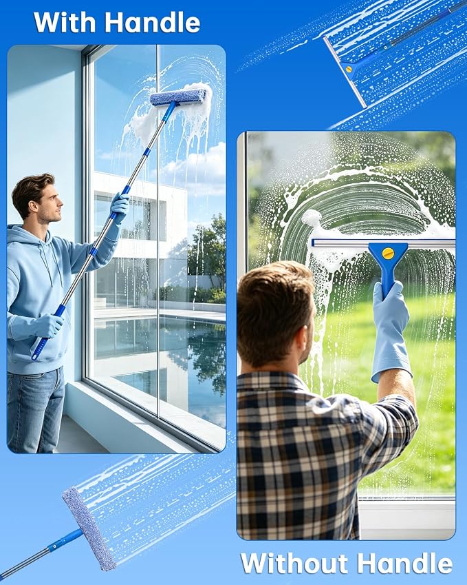 Window Cleaning Kit with Storage Bucket, Squeegee Cleaner Tool with Extension Pole, Glass Cleaning Tools Set with Spray Bottle, Brush, Scrubber, Gap Brush & Gloves for Window Shower Mirror Car