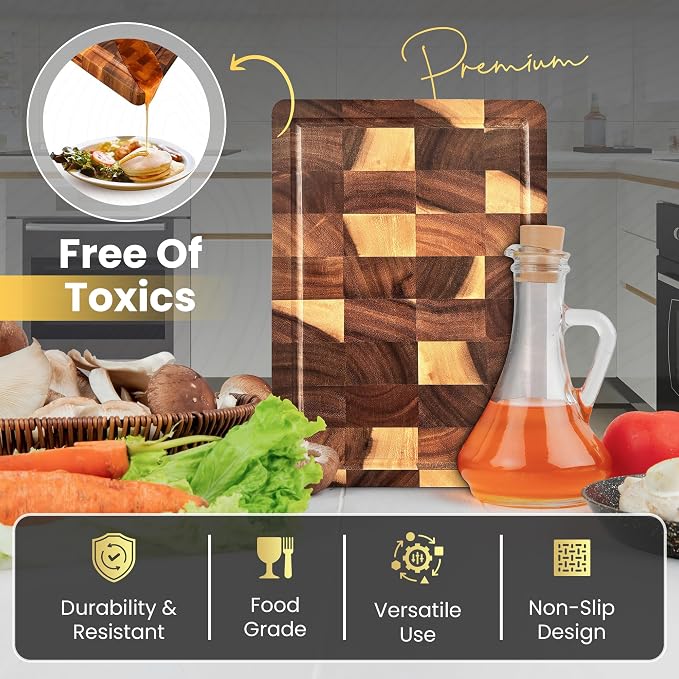 Walnut Wood End Grain Cutting Board for Kitchen with Juice Groove, Inner Handles, Heavy-Duty Butcher Block, Wooden Chopping Board, Charcuterie Boards 17" x 12" x 1" (17" x 12" x 1")