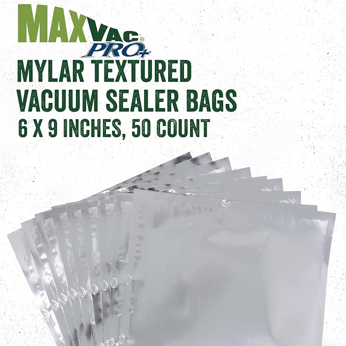 LEM Products MaxVac Textured Mylar Vacuum Sealer Bags, 6" x 9", 50 Count | Texture Helps Eliminate Air Pockets, BPA-Free Food Storage Bags for Dry Goods, Protects Against Moisture, Light, Debris