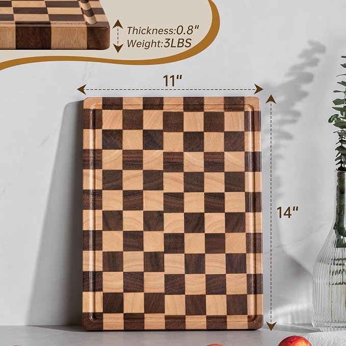 Checkered Cutting Board, Wooden Cutting Boards for Kitchen | Acacia Wood Cutting Board with Handle & Juice Grooves, Small Charcuterie Boards with Gift Box, 14" X 11" X 0.8"