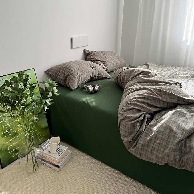 mixinni Vintage Green Buffalo Plaid Duvet Cover Set Full Size - 3 Piece Mid-Century Washed Cotton Bedding Set with Grid Pattern, Ultra Soft & Breathable Duvet Cover with Pillowcases for All Seasons