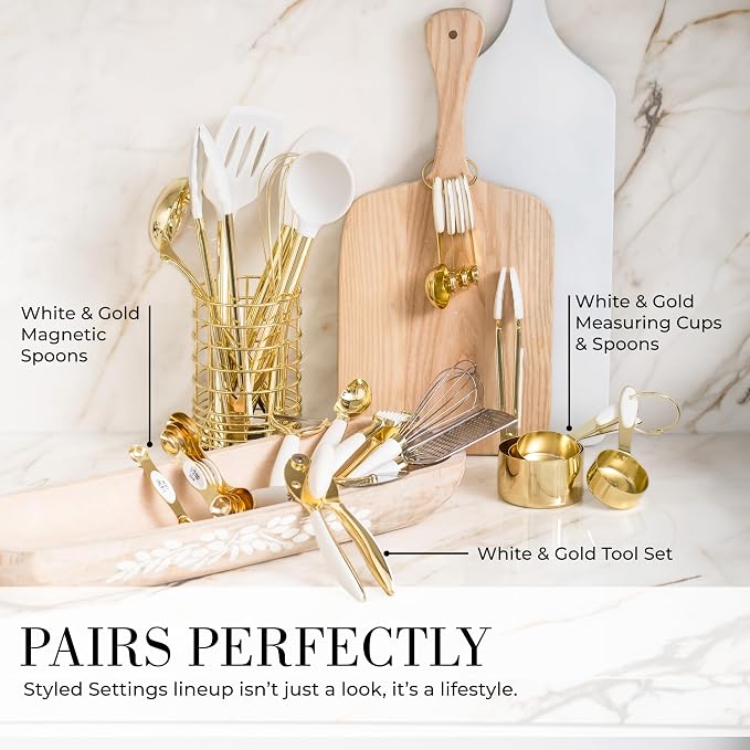 Gold Kitchen Utensils, 7-Piece Silicone Kitchen Utensils Set with Utensil Holder, White and Gold Kitchen Accessories, Luxury Kitchen Accessories for Modern Kitchens