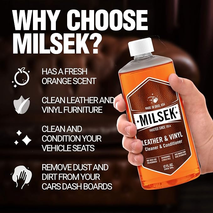 Milsek Leather Leather & Vinyl Cleaner, 12-Ounce, Pack of 4, Orange (LC-4) | Cleans, conditions, and helps protect leather and vinyl furniture, automotive interiors, shoes, and bags.