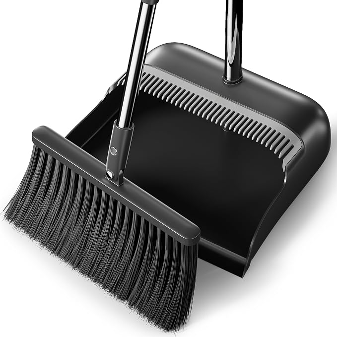 Spreezy Broom with Dustpan Combo Set, 52" Long Handle Standing Dustpan Set, Upright Dustpan with Cleaning Teeth, Indoor Outdoor Home, Office, Black-Gray