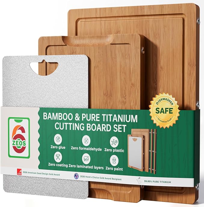 Formaldehyde Free, Glue Free, Bamboo Pure Titanium Cutting Board Set | 6 Usable Sides, Juice Grooves, Non-Slip & Scratch Resistant, Knife-Friendly, Dishwasher Safe, Warp Resistant, Kitchen Gifts