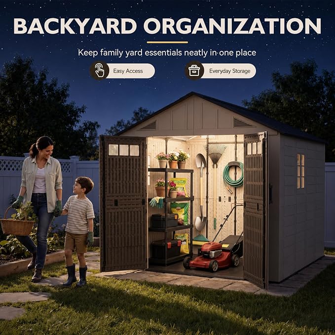 Aoxun 8x10 Ft Outdoor Storage Shed with Lighe & Floor, Large Resin Outdoor Shed with Lockable Door & Windows, Garden HDPE Sheds for Lawn Tools, Pool Supplies & Bikes