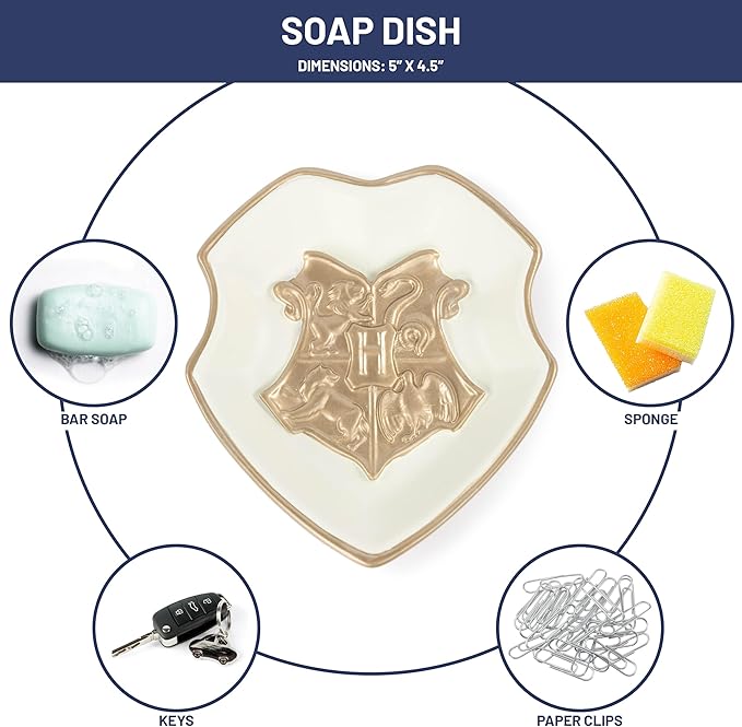 Harry Potter Bathroom Organizer Set - 4 Piece White and Gold Hogwarts Crest Accessories Includes Resin Soap Dispenser, Soap Dish, Toothbrush Holder and Tumbler - Bathroom Décor